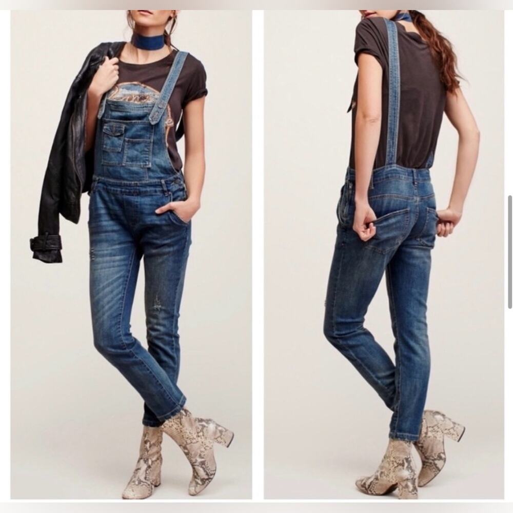 Free People Distressed Wash Backless Skinny
Denim Overalls